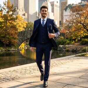 New 2026 Mens 3pc Navy Suit Set, Hybrid Fit